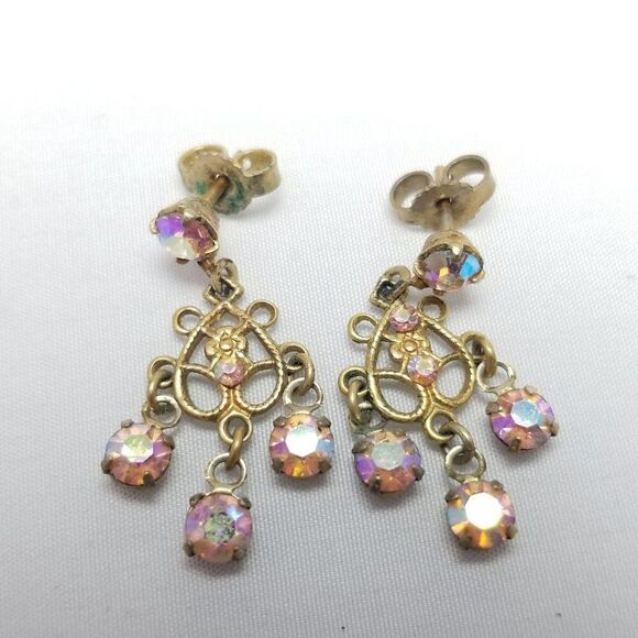 Vintage Pink AB Rhinestone Dangle Stud Earrings Gold Tone Filigree Design Estate - Picture 5 of 6